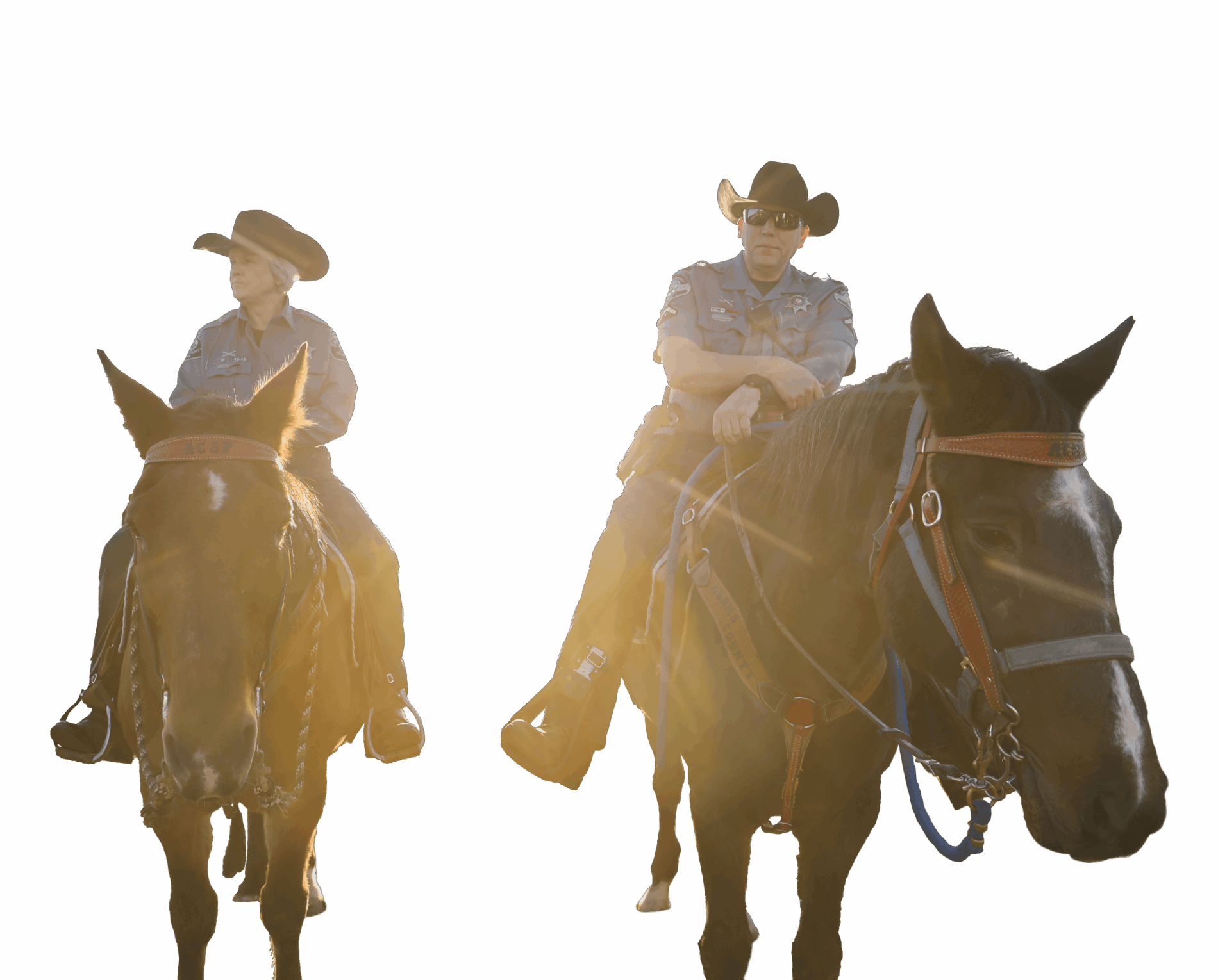 Two people in cowboy hats riding horses with a sunlit background.