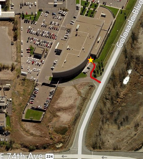Map showing the walking path (in red) from Colorado Blvd to the entrance (marked with a star) of the Adams County Sheriff's Office Property Evidence Department.