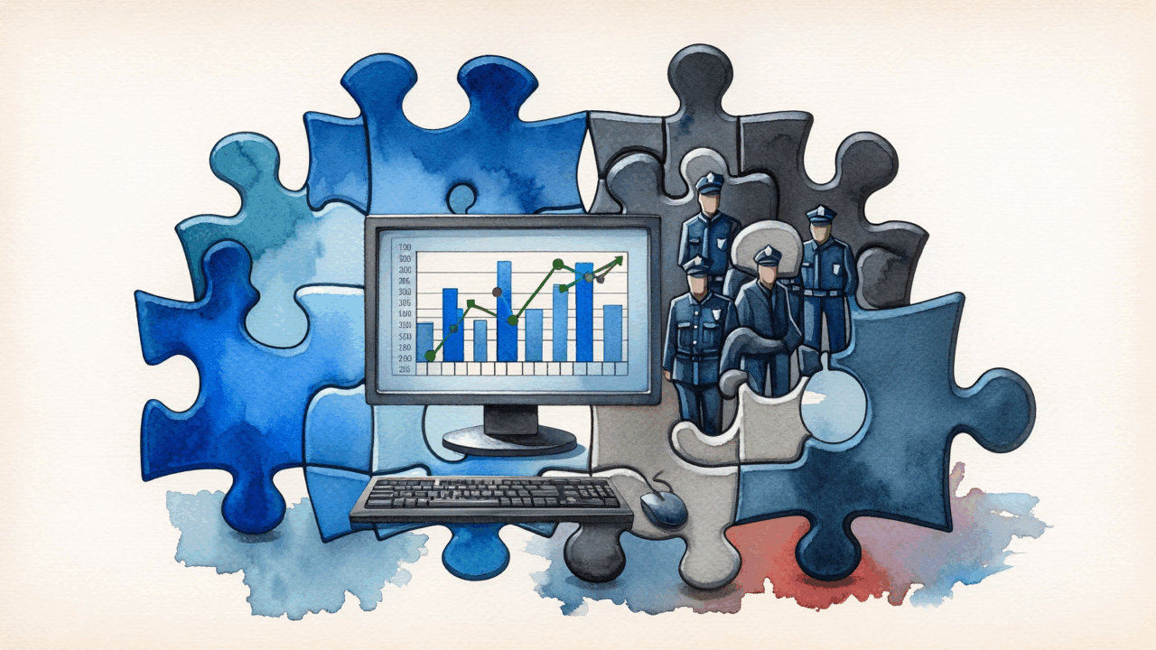 Puzzle pieces with police officers and crime statistics chart on monitor
