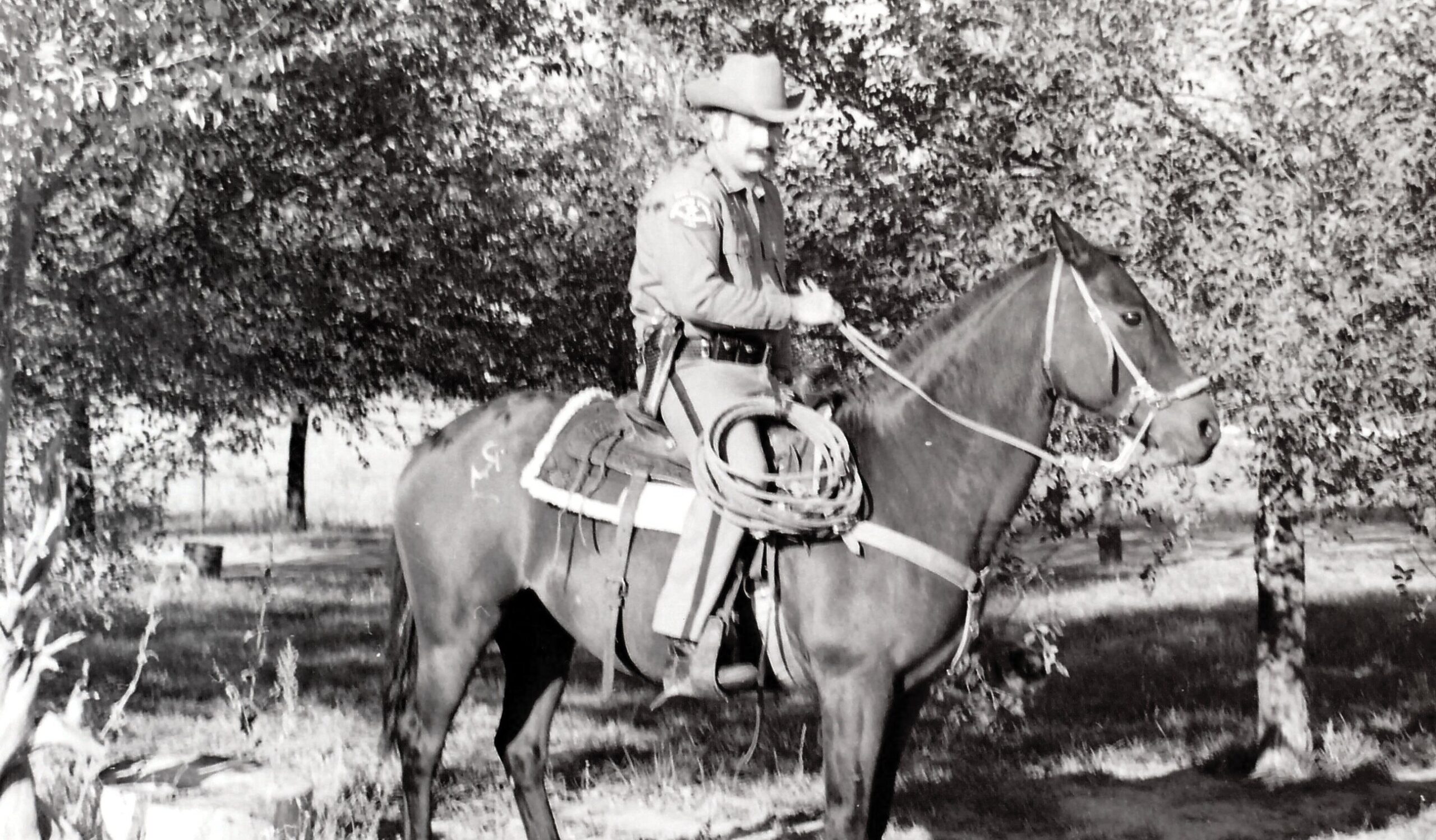 Sheriff on horseback in cowboy hat riding a horse in a wooded area.