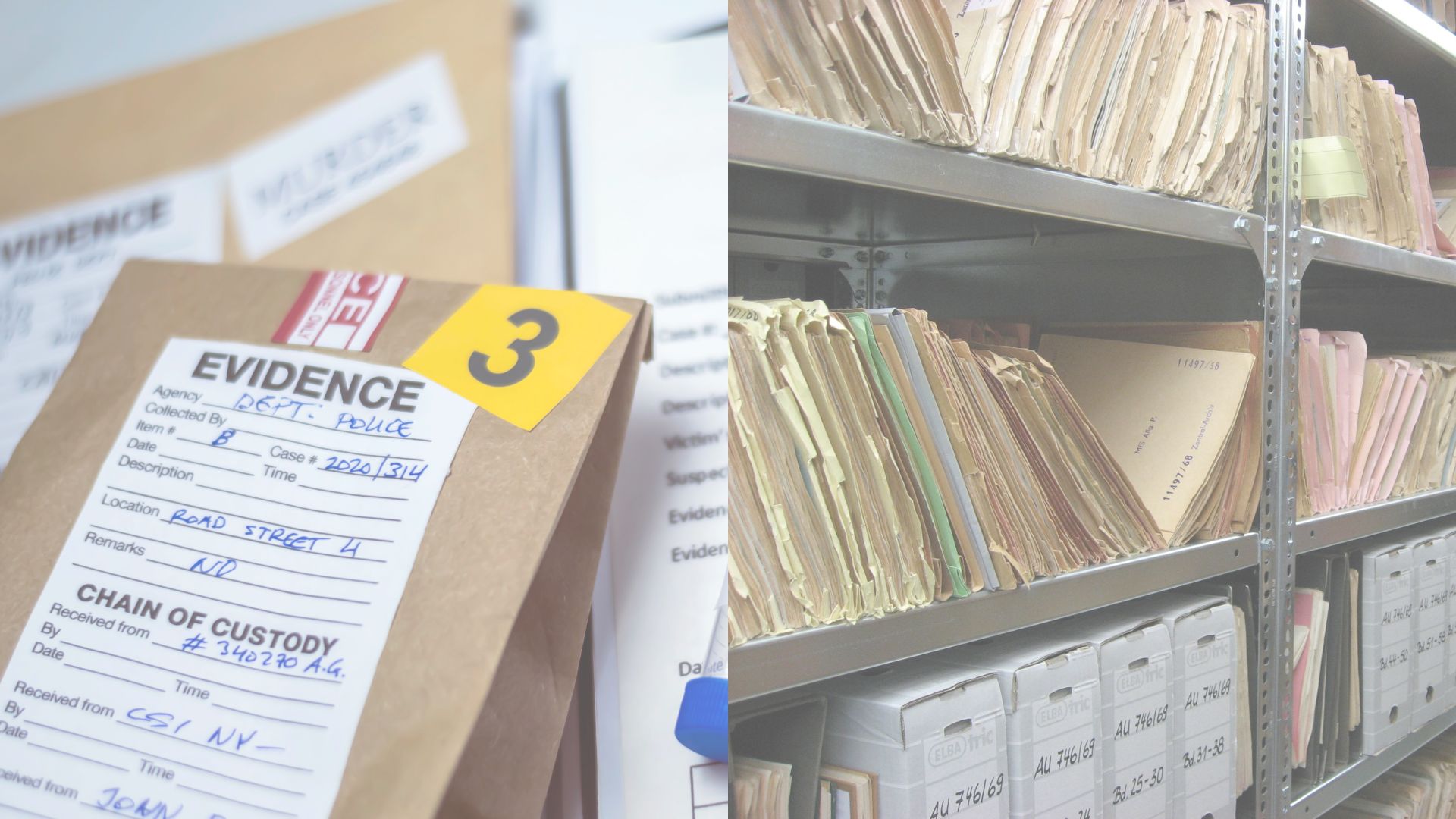 Evidence bag labeled "3" beside archive shelves filled with files