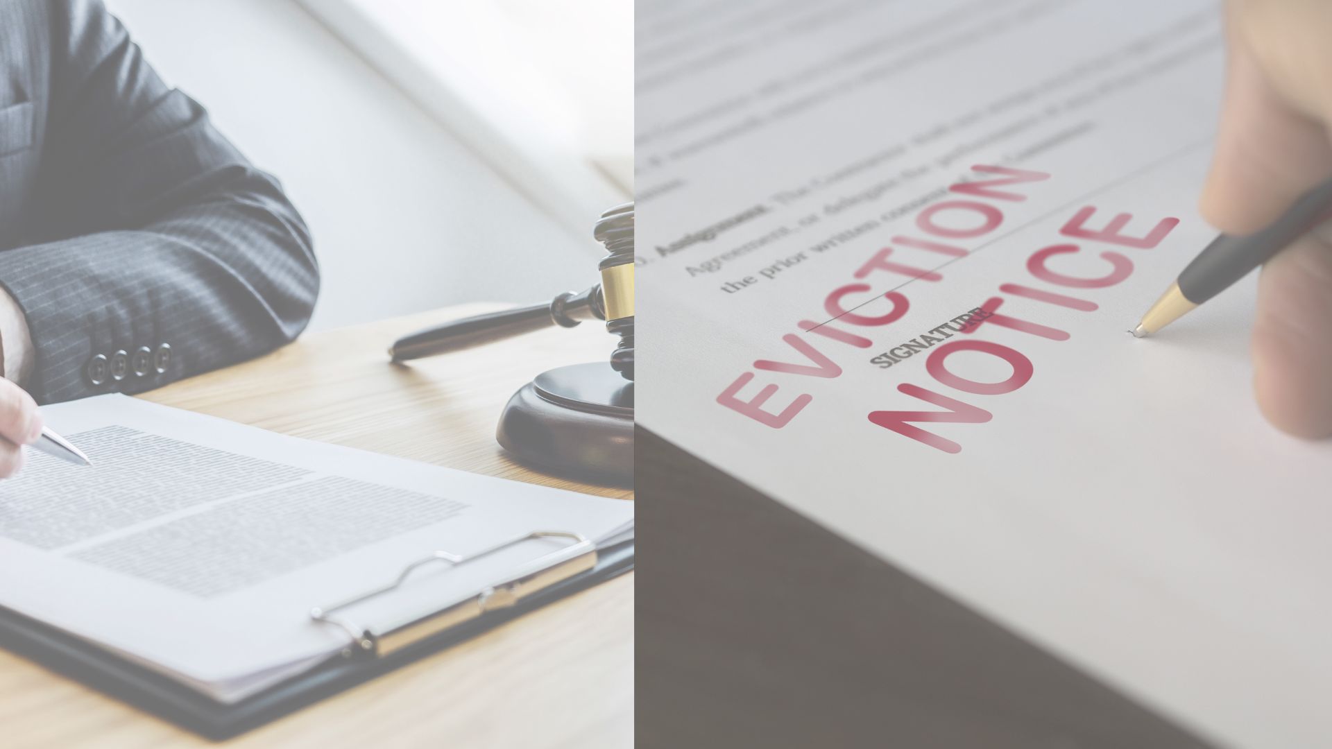 Left: Person signing legal document with gavel nearby. Right: "Eviction Notice" text in red.